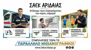 ΑΝΑΚΟΙΝΩΣΗ ΠΡΟΣ ΤΕΛΕΙΟΦΟΙΤΟΥΣ ΛΥΚΕΙΩΝ – Οι ειδικότητες του Παράλληλου Μηχανογραφικού 2026-27 στη ΣΑΕΚ (ΙΕΚ) Αριδαίας